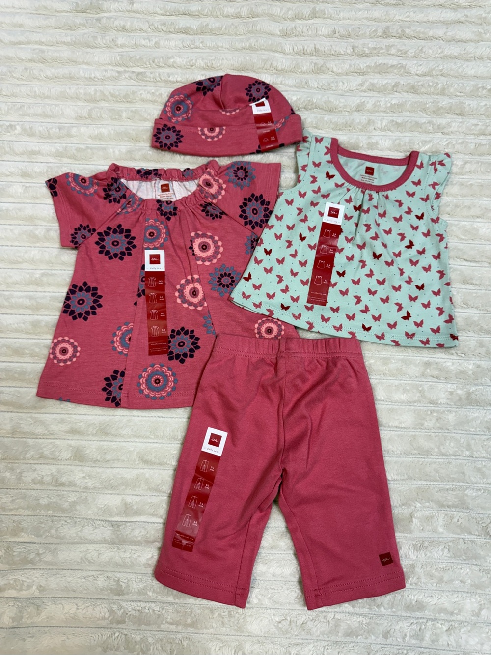 Tea Collection: 4 Piece Pink/Teal/Mint Floral Butterfly Infant Set, Size 0-3 Mo